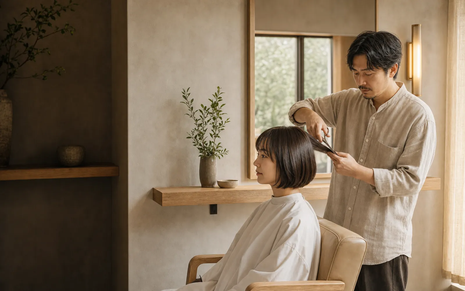 日本人女性の髪をカットする美容師